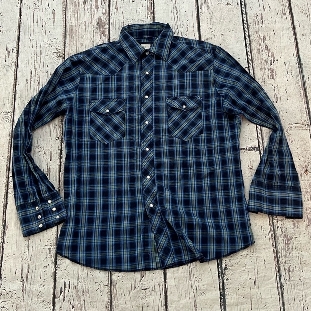 Vintage Wrangler Plaid Pearl Snap Cowboy Rancher Long Sleeve Button Down Shirt